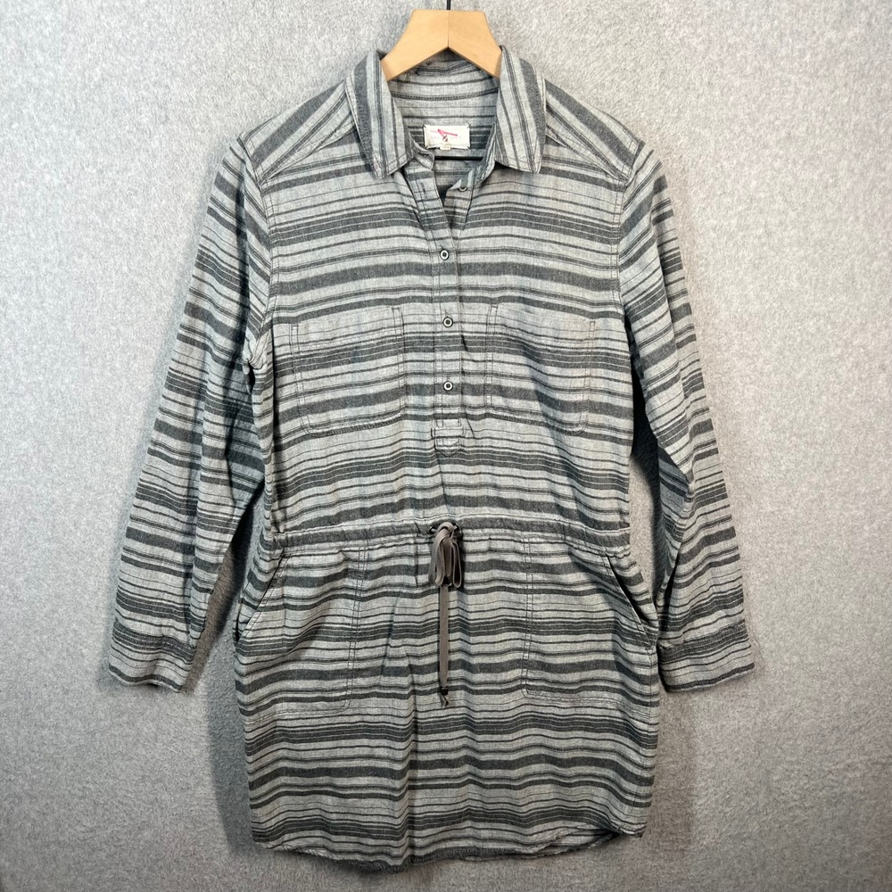 Lou & Grey Striped Flannel Shirt Dress Grey Cotton Drawstring Waist Womens Small